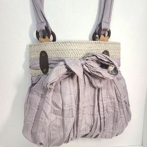 Over The Shoulder Lightweight Pocketbook, Fabric, Wood,Bow, Zipper, Pleated NWOT